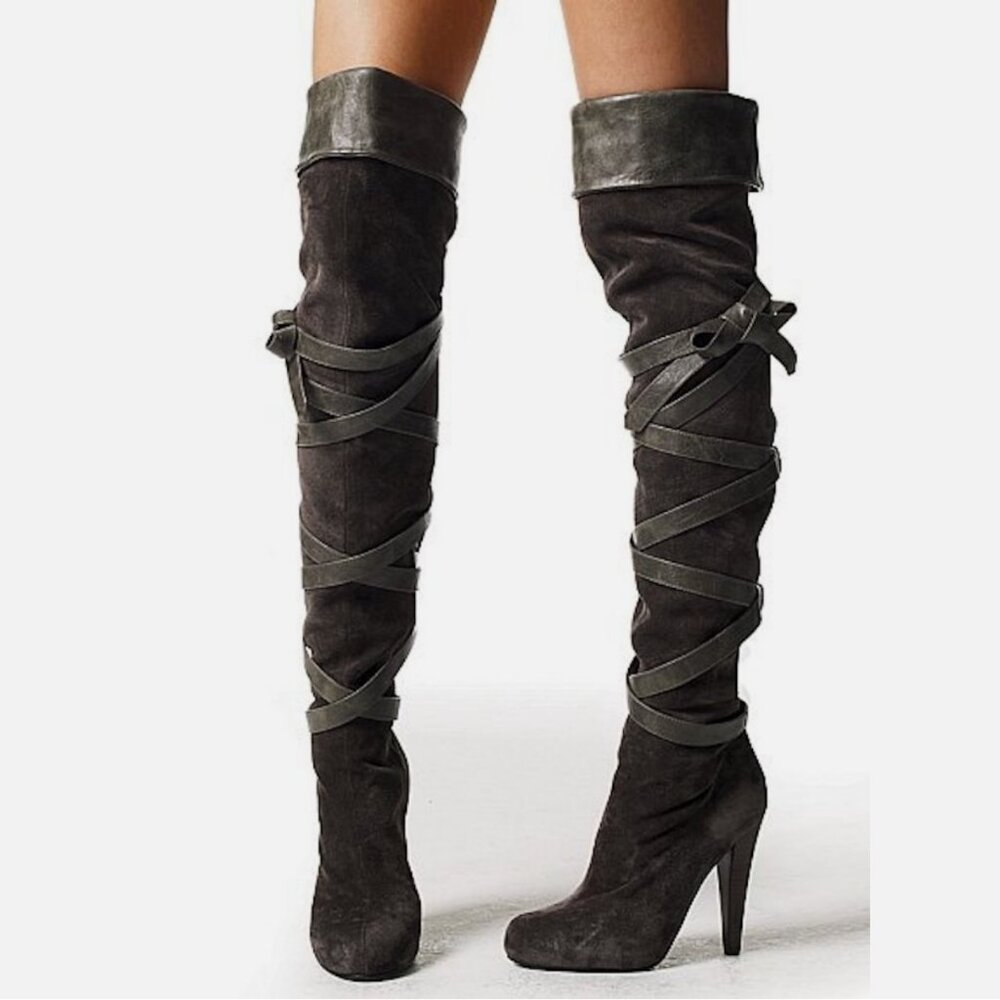 Colin Stuart Strappy Over The Knee Graphite Suede Boots